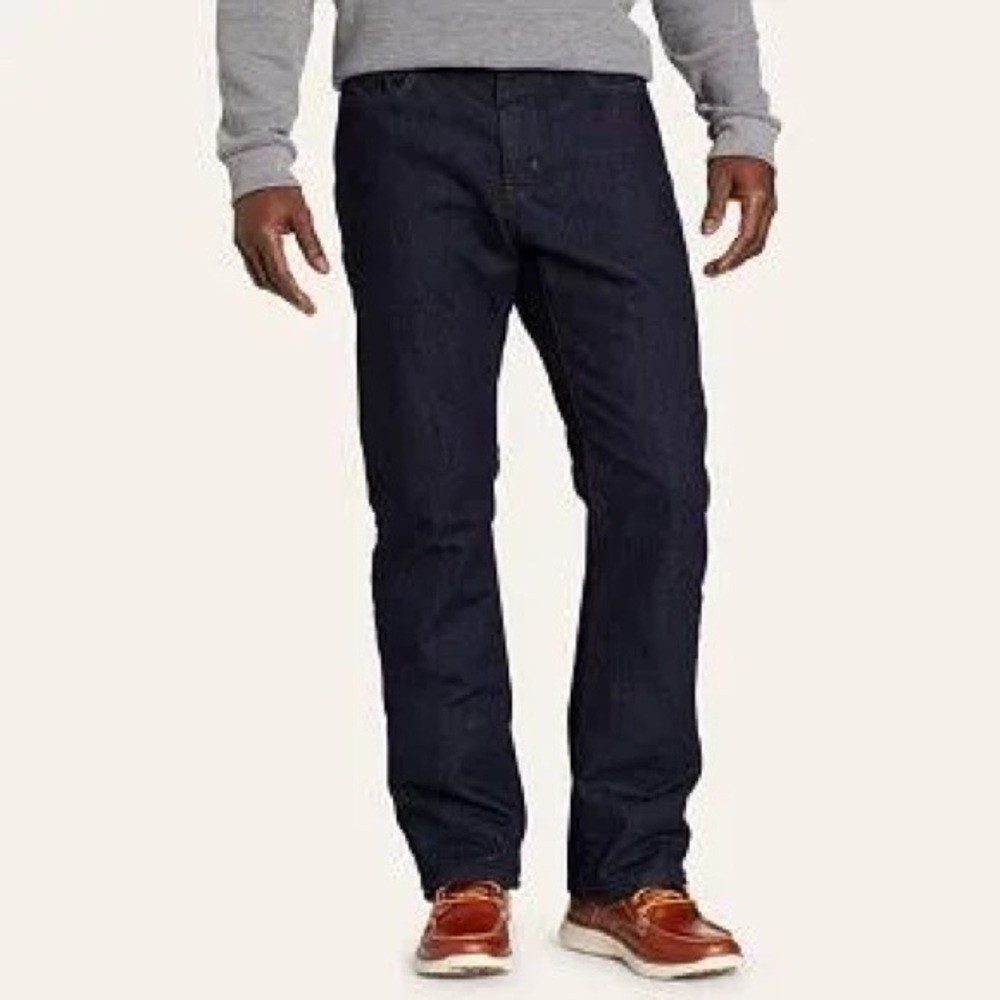 Eddie Bauer Men's Field Fleece Flex Lined Dark Blue Straight Jeans 36/32